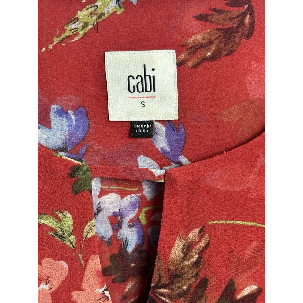 CAbi Red Floral Chiffon Sheer Ruffle Bell Sleeve V-Neck Blouse Women’s S 3590 - Picture 3 of 8